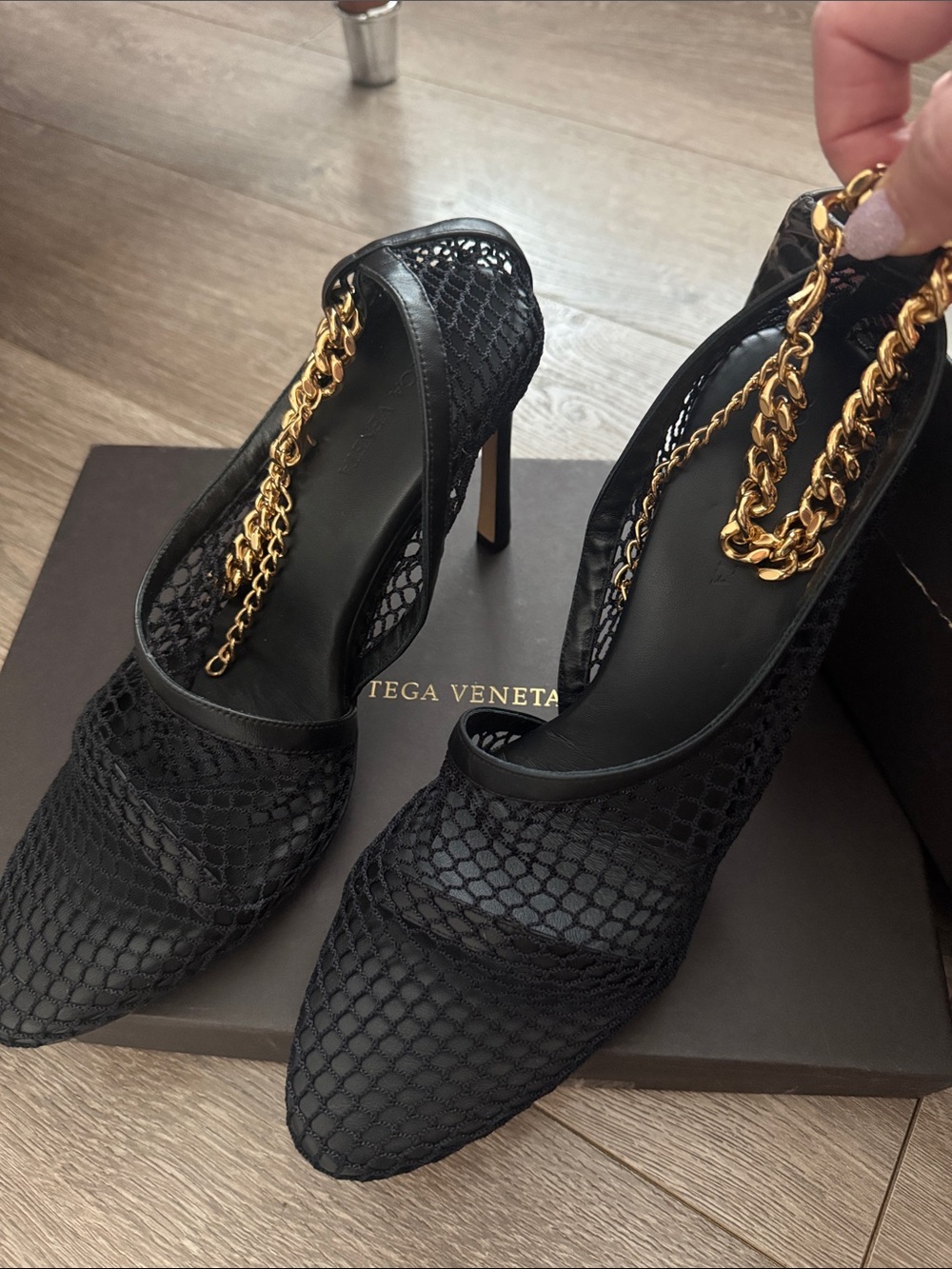 Bottega Veneta Black Mesh Pointed-Toe Heels with Gold Chain Accent